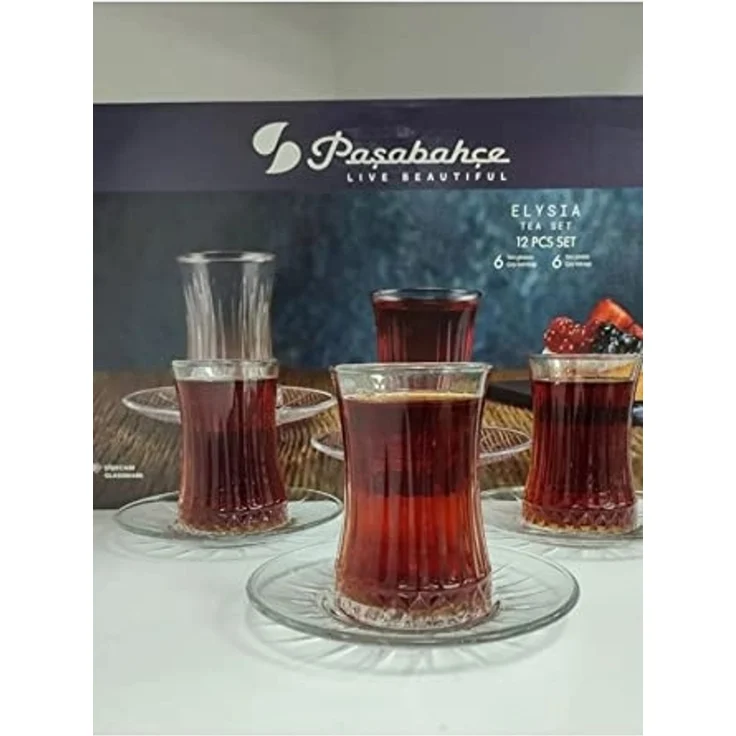 Pasabahce Elysia Teeglas Set 12 Teilig mit Untertassen aus Glas transparent – Bild 2