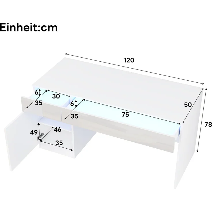 Schreibtisch aus Spanplatte mit LED-Beleuchtung und Stauraum, 120x50x78 cm, Weiß – Bild 4