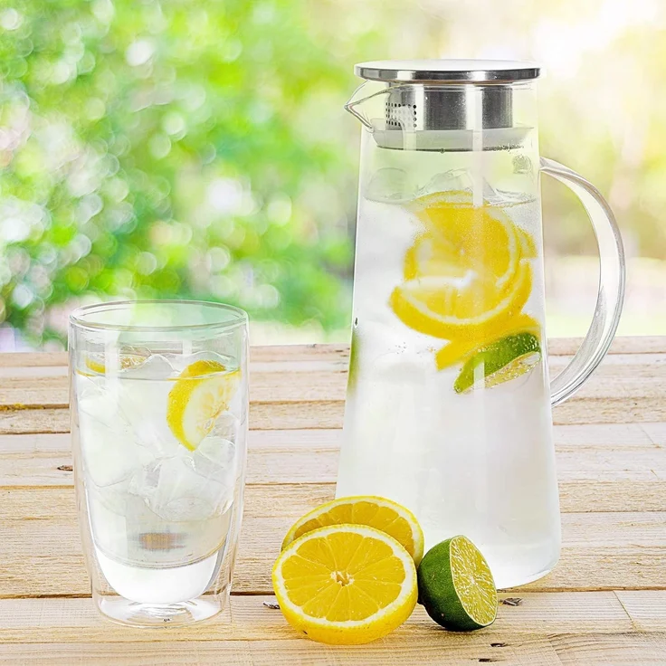 Dimono Wasserkaraffe Dimono Wasserkaraffe 1,5L – Glas Wasserkrug mit Edelstahlfilter, (1,5 Liter, Glas-Krug), Getränkekaraffe für heißes & kaltes Wasser – Bild 3