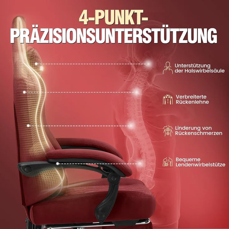 GTPLAYER Gaming Stuhl Stoff Gaming Chair Ergonomisch Bürostuh PC Stuhl, 150kg Belastbarkeit, Verstellbarer und Drehbarer Schreibtischstuh mit Federsitzkissen und Fußstütze, Rot – Bild 6