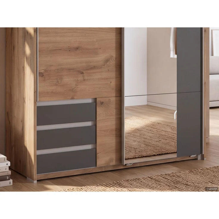 Schwebetürenschrank Kleiderschrank 138cm Eiche Dekor Grafit Spiegel Passepartout – Bild 4