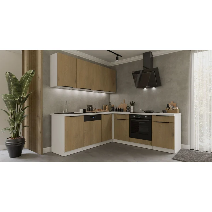 Winkelküche CREMONA ECKE 1 - 215 x 220 + 120 cm Eiche hell Küchenzeile Küchenblock Singleküche Einbauküche Küche Eckküche – Bild 2