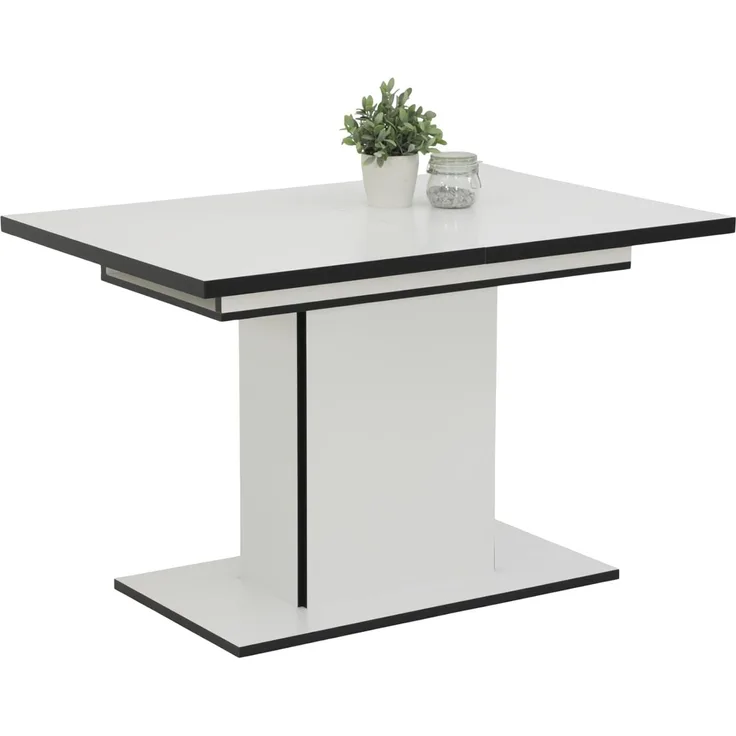 Hela Tische, Esstisch Säulentisch Ariana, Dekor Weiß melaminbeschichtet Kanten Schwarz, ausziehbar, Maß 120-160x80 cm