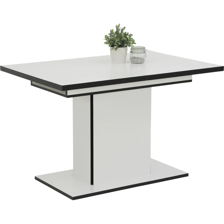 Hela Tische, Esstisch Säulentisch Ariana, Dekor Weiß melaminbeschichtet Kanten Schwarz, ausziehbar, Maß 120-160x80 cm – Bild 1