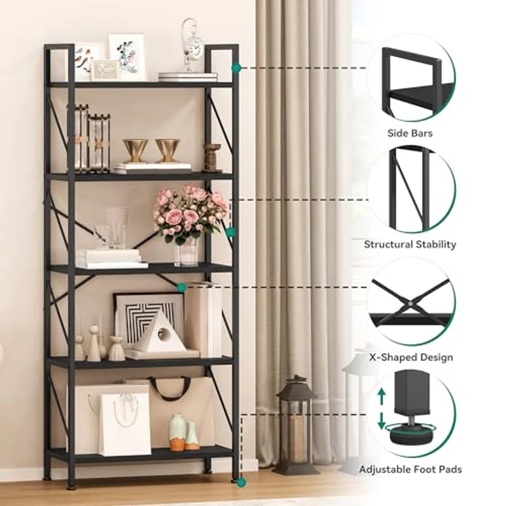 YITAHOME Bücherregal, Standregal mit 5 Ebenen, Hohes Lagerregal mit Metallrahmen, Industrielles Ausstellungsregal, Regaleinheiten, für Wohnzimmer, Schlafzimmer, Homeoffice, Küche, Schwarz Regal – Bild 5