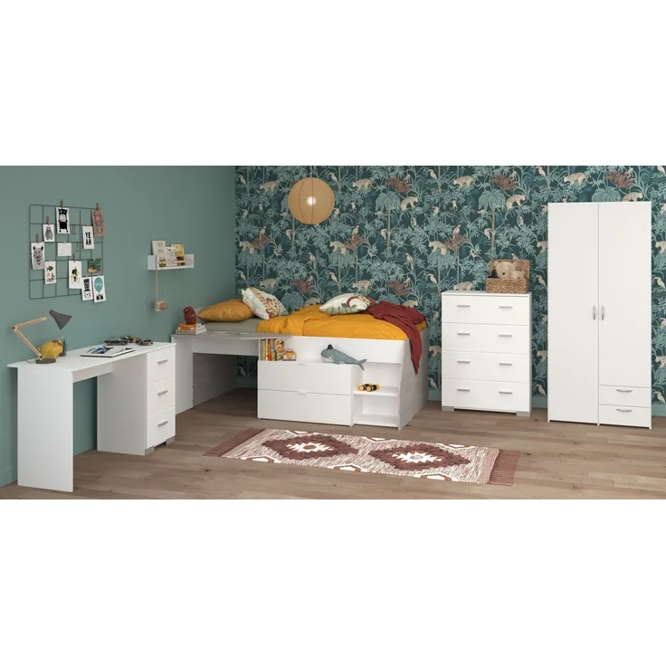 Jugendzimmer-Set >Milky 11< 4-teilig, Bett, Kleiderschrank, Kommode, Schreibtisch, in Weiss / Grey
