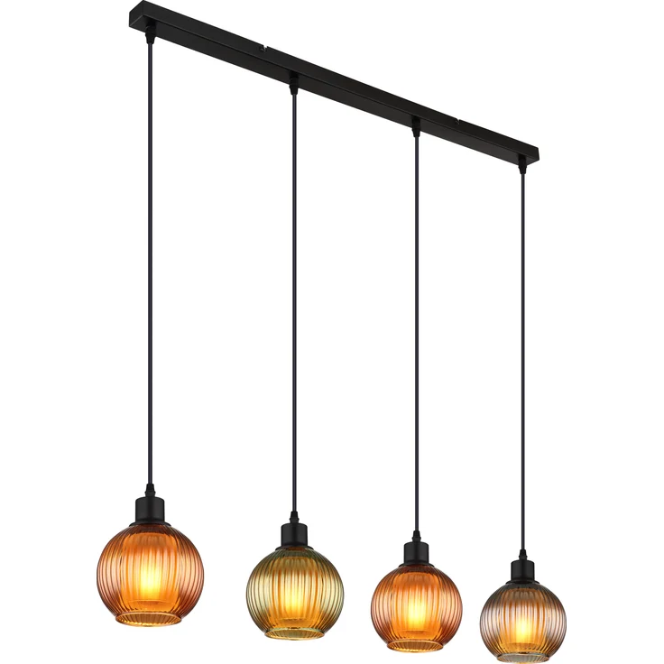 Globo Lighting Hängeleuchte Zumba, 4-flammig aus mattem schwarz Metall mit gerillten Glaskugeln, 90 x 15 x 12 cm, E27