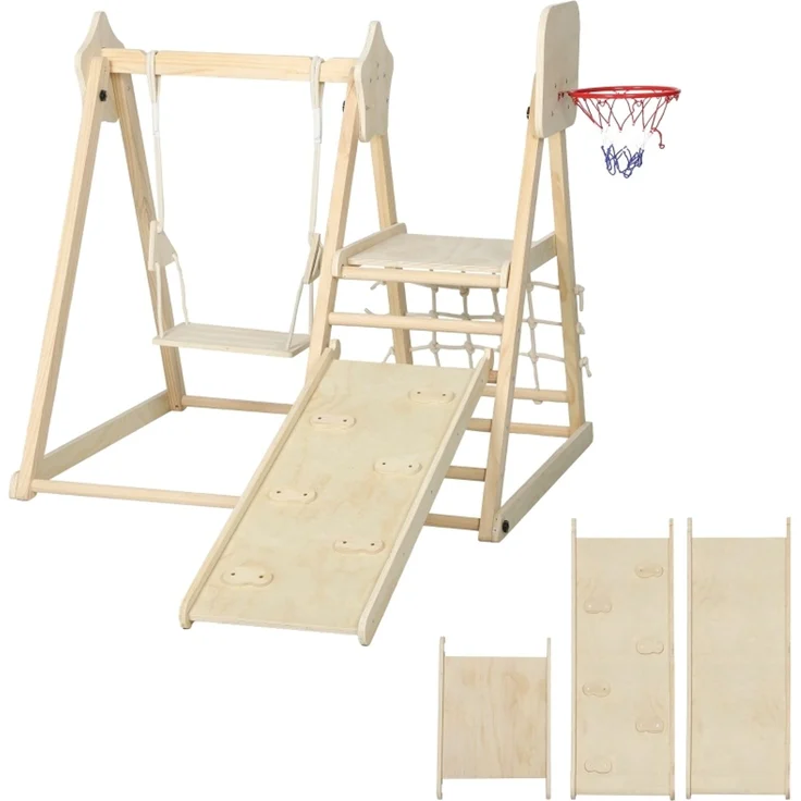 LVHOM Indoor Klettergerüst aus Massivholz, mit Kinderschaukel, Rutsche, Kletterwand & Basketballkorb, klappbar, Stabil bis 50kg, Natur – Bild 2