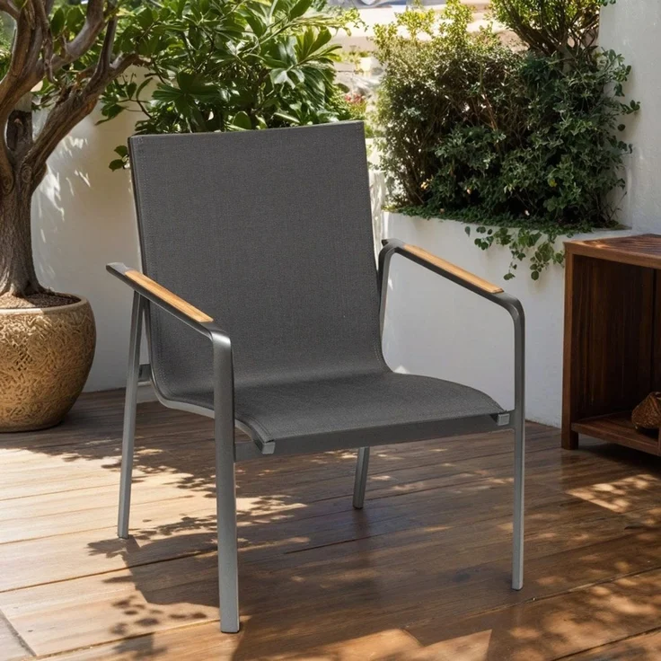 KETTLER DIAMOND Lounge Sessel Outdoorgewebe anthrazit Teak – Bild 3