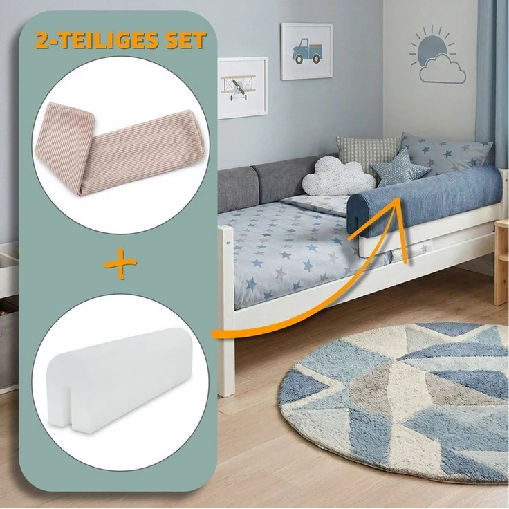 Bettkantenschutz für Kinderbetten 70 cm - Schutz für Bettrahmen Baby Bett rausfallschutz für boxspringbett bettgitter mit Bezug Kantenschutz Kinder Babybett Hellgrau – Bild 2