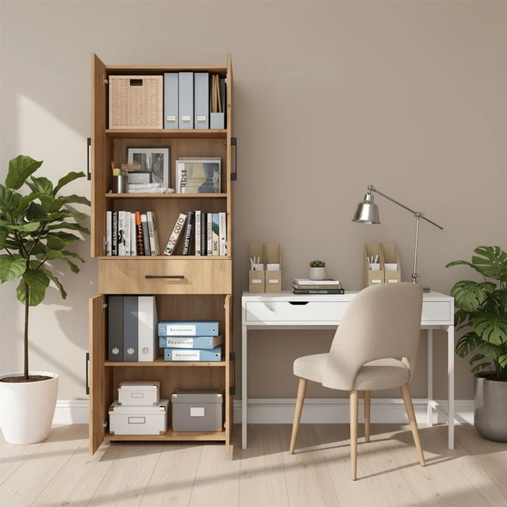 Bellamio 'Apol' Mehrzweckschrank, Eichenoptik, 176x33x60 cm, Aktenschrank mit Schublade und 5 Ablagefächern – Bild 8