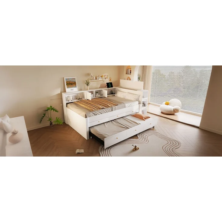 U-life Holzbett 140x200 cm, für Jugendliche, Stauraum, 1. Robuste Holzkonstruktion, 2.3 integrierte Stauraumschubladen, 3. Ausziehbares Gästebett, MDF, Weiß – Bild 9