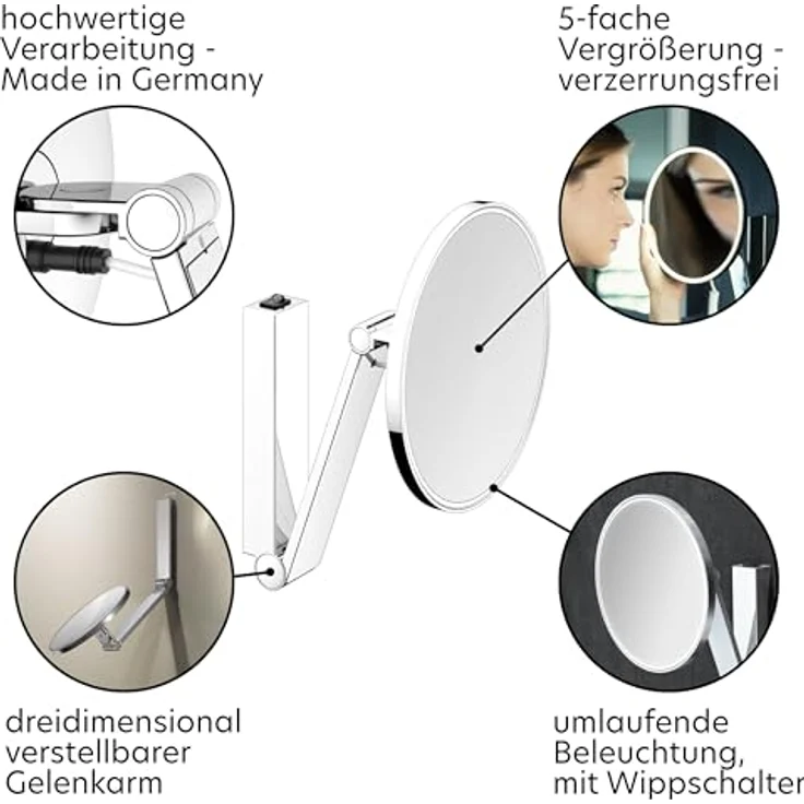 Keuco iLook_Move Kosmetikspiegel, rund, Ø20 cm, 5-fache Vergrößerung, mit Wippschalter, beleuchtet, verchromt, Made in Germany, Unterputz – Bild 4