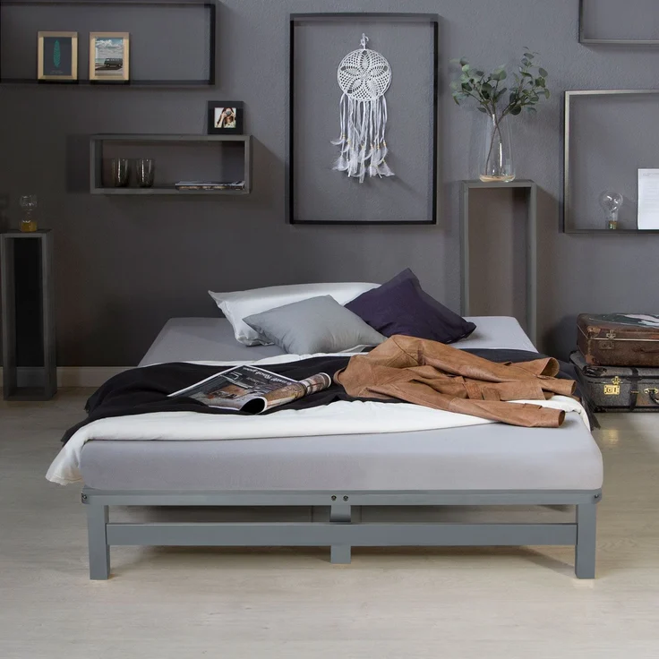 Holzbett 140x200 mit Matratze Holzbettrahmen Palettenbett Grau Doppelbett Bett Massiv Holz Bettgestell – Bild 2