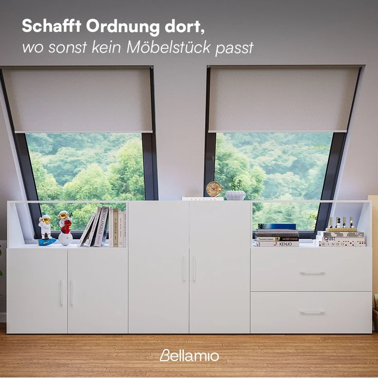 Bellamio 'Aland' Dachschrägenregal mit Türen und offenem Fach, weiß, 100x52x90 cm, Schrank für Dachschräge mit 3 Fächern – Bild 2