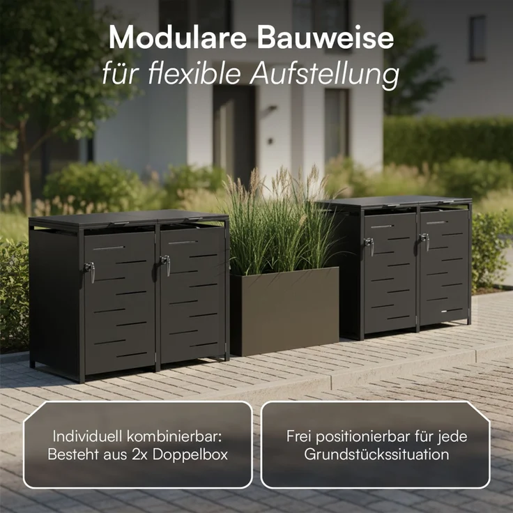 STEELSØN 'Diorus' Mülltonnenbox 4er je 240 Liter, graphitschwarz, Mülltonnenverkleidung aus Stahl mit Sichtstreifen, wetterfest, 116x80x268 cm, abschließbare Müllbox für 4 Tonnen – Bild 4