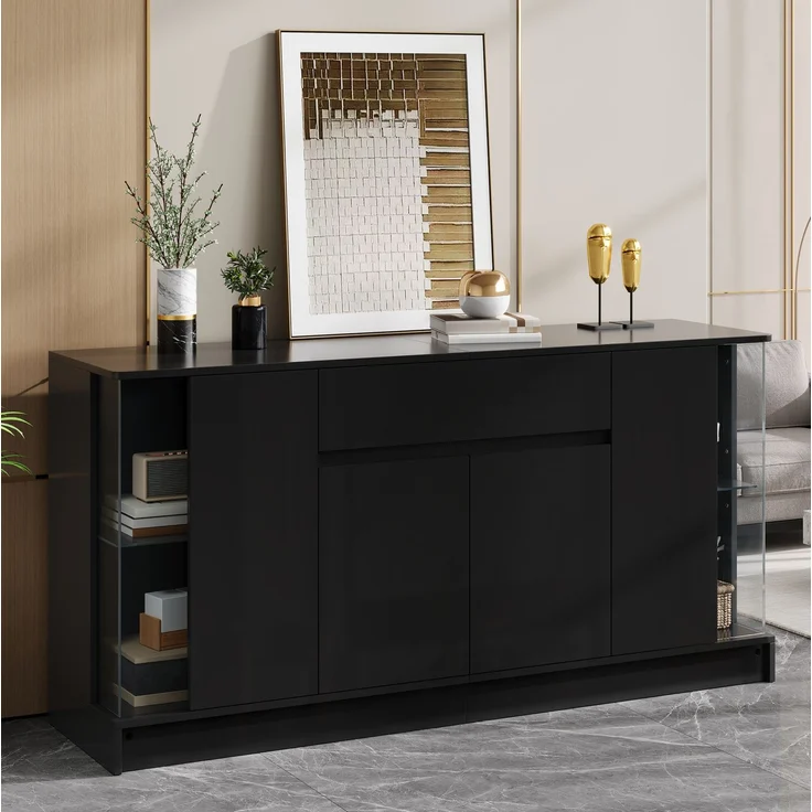 Sideboard 150x40x75 cm mit Glasvitrinen, Schublade und App-gesteuerter LED-Beleuchtung – Schwarz Hochglanz – Bild 4