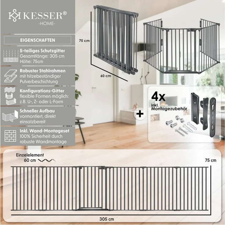 KESSER Kaminschutzgitter mit Tür und höhenverstellbare 360°-Wandhalterung, Metall, 300x75 cm