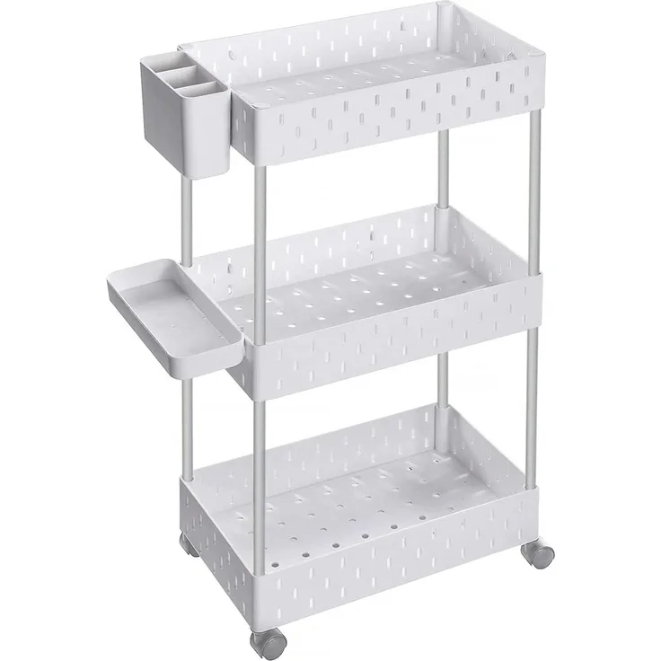Songmics Rollwagen mit 3 Ebenen, Küchenwagen, Nischenregal auf Rollen, Badregal mit 6 abnehmbaren Haken, einem kleinen Tablett und einem Behälter, fürs Wohnzimmer, 38 x 22 x 72 cm, weiß KSC011W01