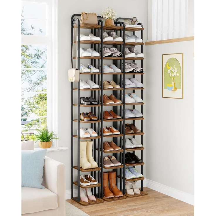 Vertikales Schuhregal, 12-Stockige Schuhregale, Schuhturm für kleine Räume, Freistehend, Verstellbar, Platzsparend, Braun und Schwarz – Bild 7