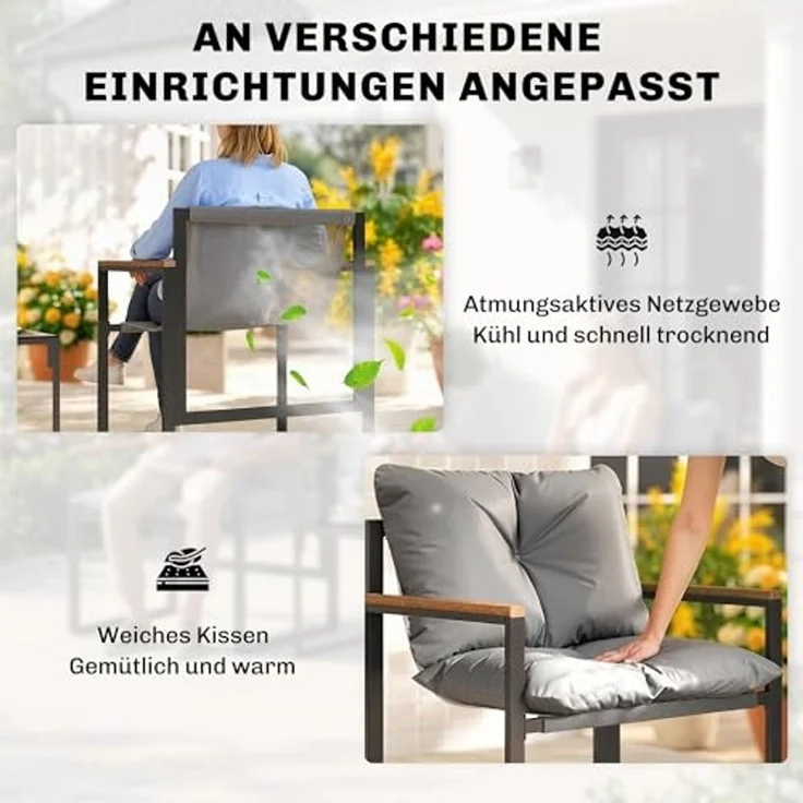 Outsunny Balkonset dicken Polstern Gartenmöbel, (Set, 3-tlg, 1 Tisch, 2 Stühle), 3-teiliges Garten-Bistro-Set – Bild 4