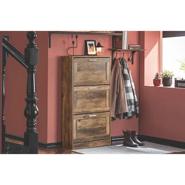 SoBuy Schuhschrank FSR137-BR, Braun, Holzwerkstoff, Schuhkipper mit 3 Klappen, 60x115x23 cm, für Eingangsbereiche – Bild 2