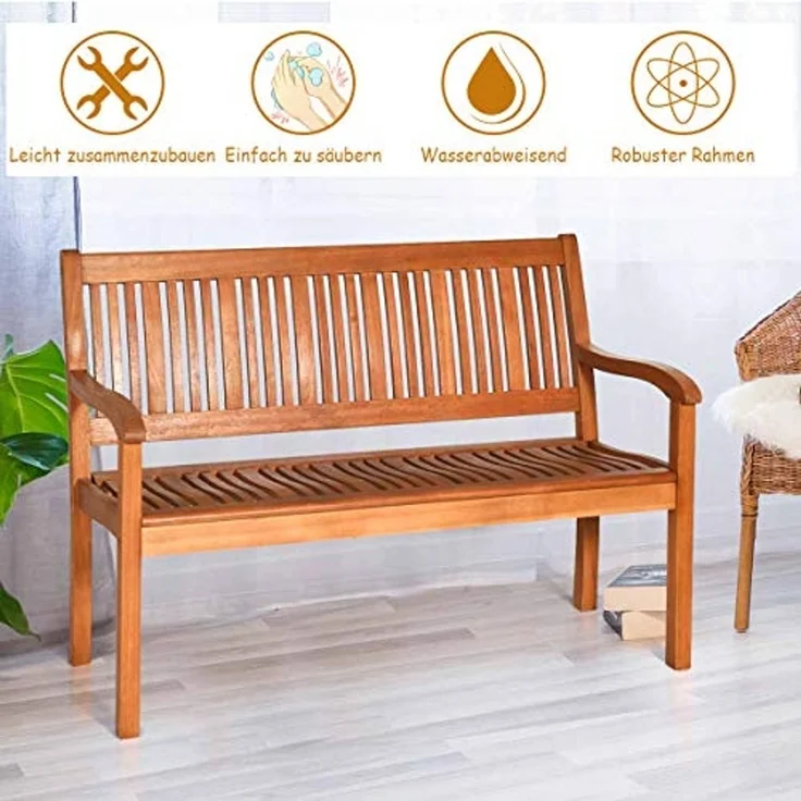 Balkonbank Holz, Holzbank wetterfest, Sitzbank für 2-3 Sitzer, Gartenbank aus Eukalyptus bis 320 kg belastbar, Parkbank für Terrasse, Balkon, Garten, 126 x 63 x 91 cm, Natur – Bild 5