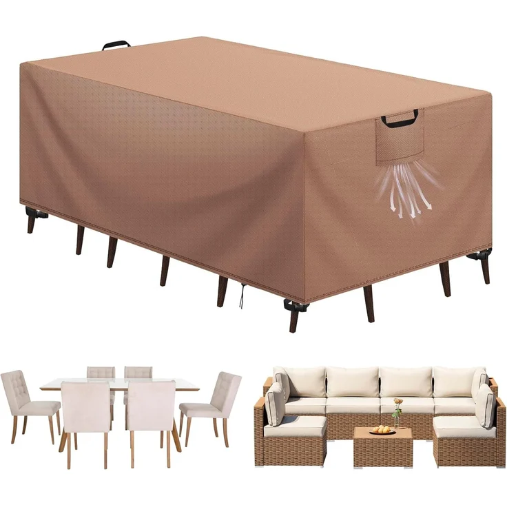 Aujink Abdeckung Gartenmöbel Winterfest, Wasserdichte Schutzhülle Gartenmöbel 420D Oxford Anti-UV Abdeckplane für Gartentische Terrassenmöbel Regenschutz und Staubfest Abdeckhaube Khaki 220 x 100 x 75 cm – Bild 1