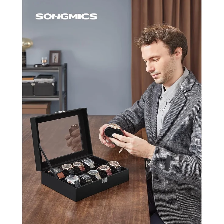 SONGMICS Uhrenbox mit 10 Fächern, Uhrenkasten, Glasdeckel, Uhrenkoffer, herausnehmbare Uhrenkissen, Metallverschluss, Geschenkidee, PU-Bezug in Schwarz, Innenfutter in Schwarz – Bild 2