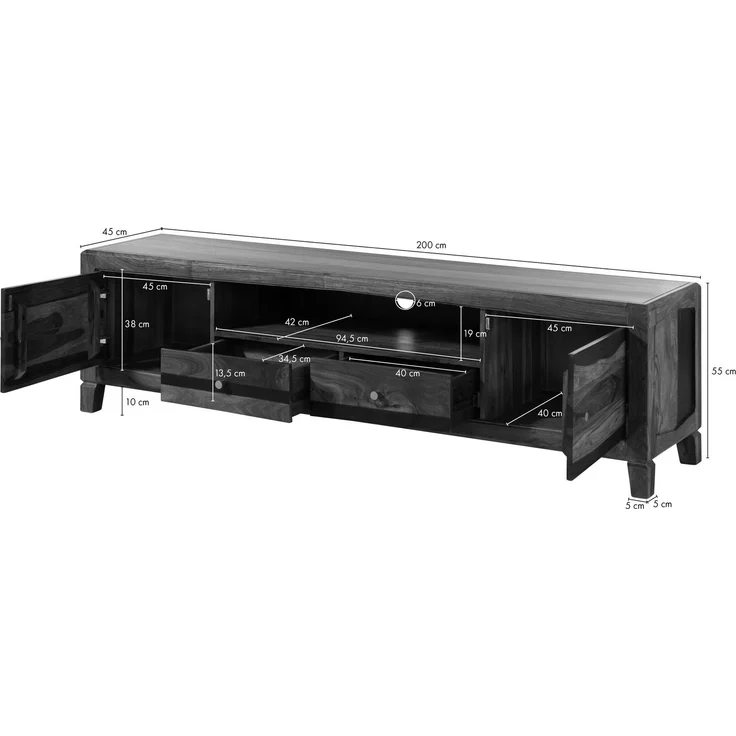 TV-Board Sheesham 200 x 45 x 55 braun lackiert ANCONA #111 – Bild 8