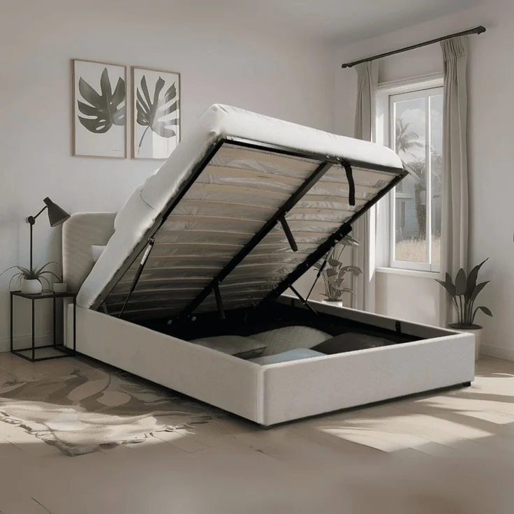 Casâme Bettkasten 140x190 cm mit Kopfteil bezogen mit beigem - LIVY - Beige – Bild 2