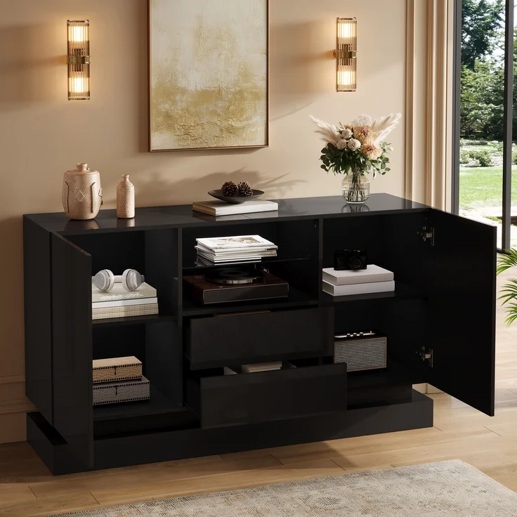 Sideboard 140x40x80 cm mit 2 Türen, 2 Schubladen und App-steuerbarer LED-Beleuchtung – Bild 2
