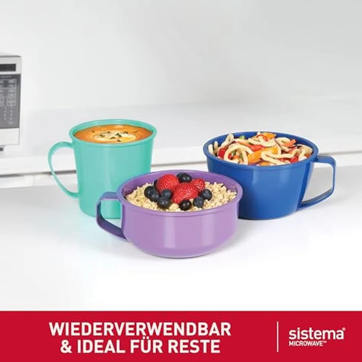 Sistema Mikrowellen-Behälter | Mikrowellen-SuppentassePorridge-Schale & Nudel-Schale | Mikrowellengeeignete Lebensmittelbehälter mit Dampfventil | 3 Stück – Bild 5