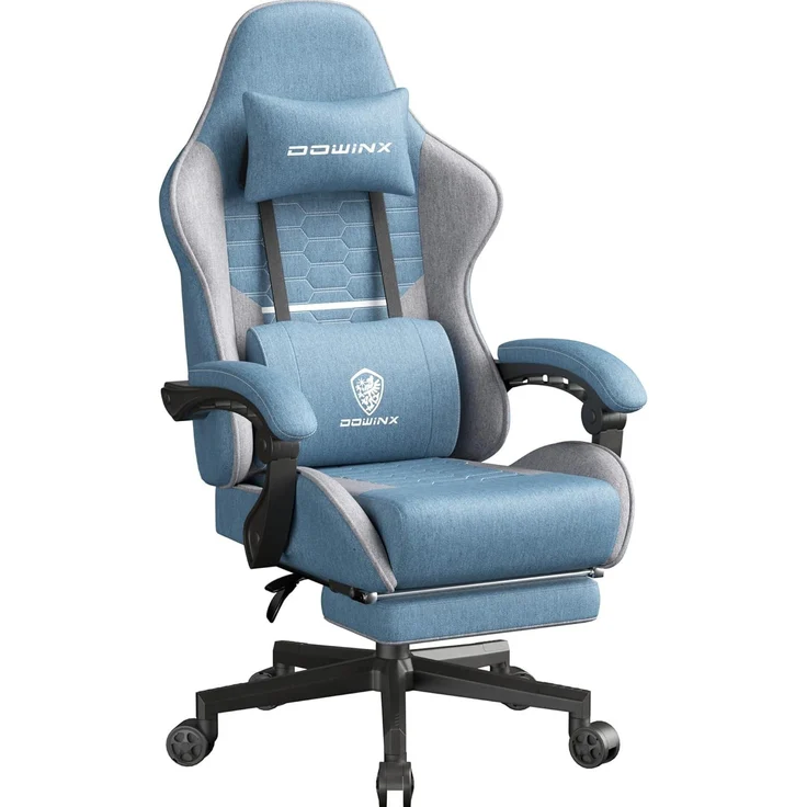 Dowinx Gaming Stuhl Tasche Frühling Kissen, Atmungsaktiver Bürostuhl aus Hochwertigem Stoff, Ergonomischer PC-Stuhl mit Kopfstütze, Drehbarer Schreibtischstuhl mit Fußstütze (Blau) – Bild 1