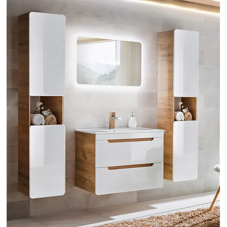Badmöbel Set mit 81 cm Keramik-Waschbecken LUTON-56 Hochglanz weiß mit Wotan Eiche Nb, B/H/T ca. 180/200/46 cm – Bild 1