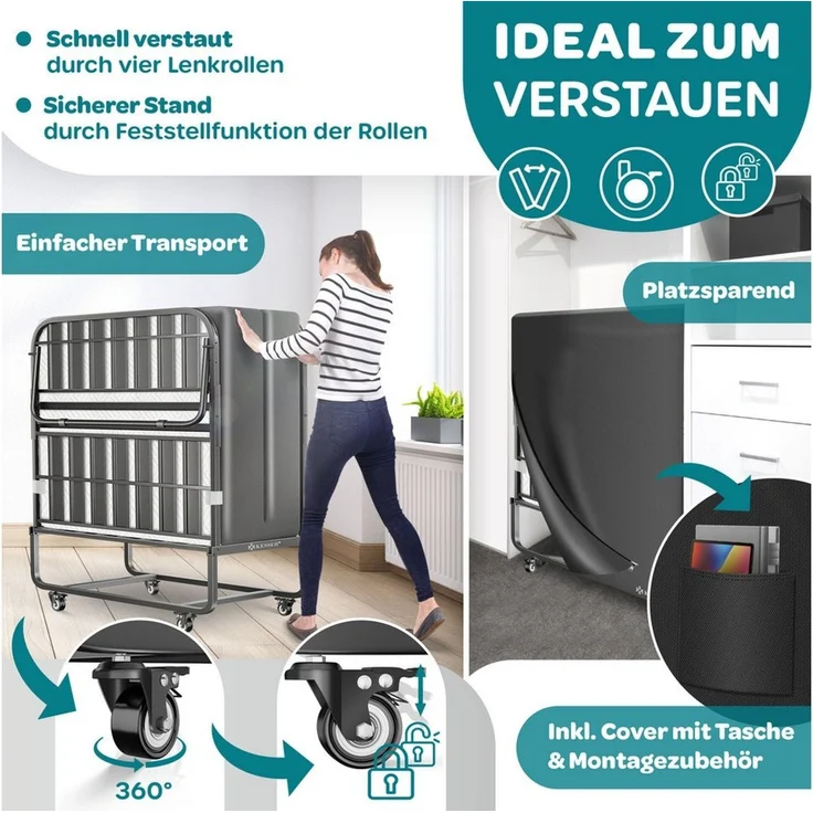 KESSER® Gästebett 90x200 cm inkl. Matratze aus Memory-Schaum & Rollen, faltbares Reisebett mit Metallrahmen belastbar bis 250 kg, Metallbett mit Schaumstoffmatratze & Cover Anthrazit / Weiß, Premium Komfort – Bild 3