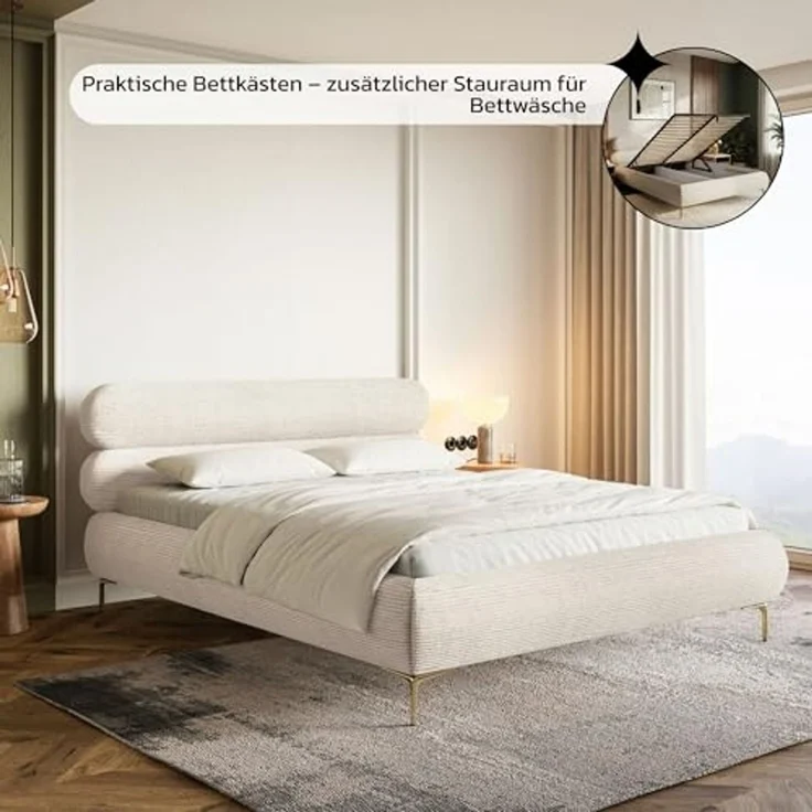 Selsey Polsterbett 180x200 cm Cord Hellbeige – Bett mit Stauraum und Bettkasten, gepolstertes Bett mit Lattenrost und Metallrahmen, Doppelbett Schlafzimmer mit goldfarbenen Füßen und Gasdruckfedern – Bild 6