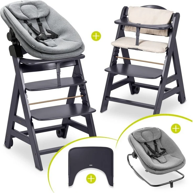 Hauck Hochstuhl Beta Plus Dark Grey Newborn Set 3in1 Bouncer (Set), Holz Babystuhl ab Geburt mit Neugeborenensufsatz, Sitzkissen, Essbrett – Bild 5