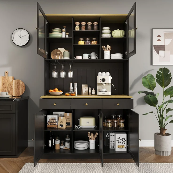 Buffetschrank 120 x 40 x 191 cm in Schwarz mit Glastüren, Schublade, Gläserhalter und Steckdosen – Bild 2