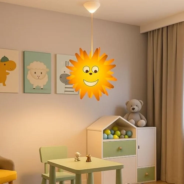 LED Hängeleuchte, Kinder, Sonnen-Design, Holz, gelb, D 38 cm – Bild 3