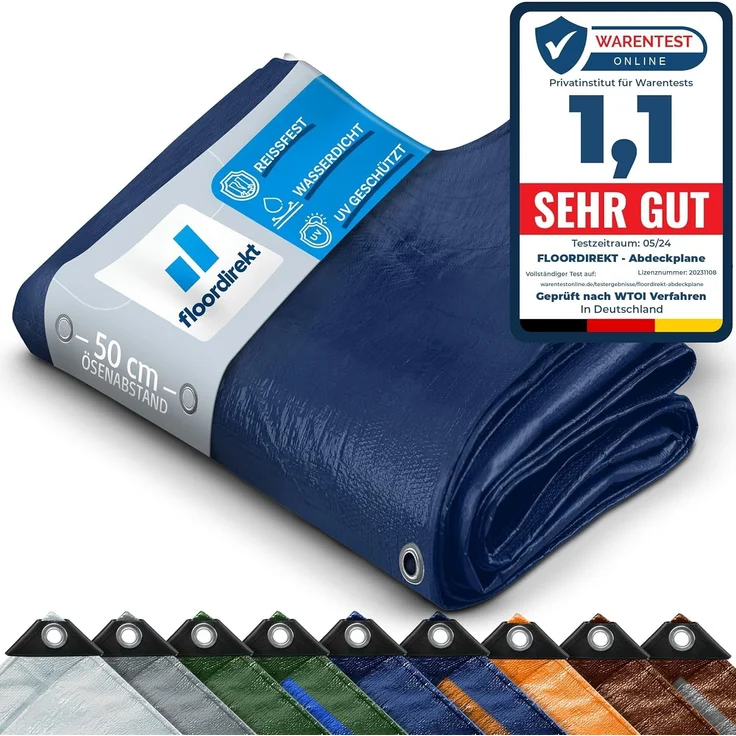 Floordirekt Abdeckplane | Gewebeplane | Schutzplane | Bootsplane | Zeltunterlage für Camping & Outdoor Garten wasserdichte Planemit Ösen Viele Größen & Farben 3x5 m, 15m² 240 g/m², Blau – Bild 1
