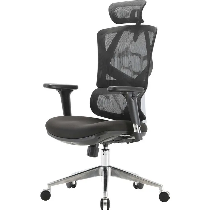 Sihoo Bürostuhl, Ergonomischer Drehstuhl mit höhenverstellbarer Kopfstütze und 3D-Armlehnen, Schwarz, Textil, 66x136x95 cm