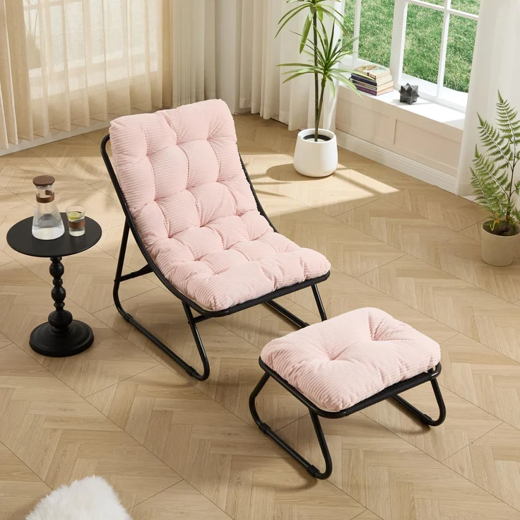 Ball & Cast Outdoor Lounge Sessel, Relaxsessel mit Hocker und Cushion für Garten, Balkon, Wohnzimmer & Schlafzimmer, Rosa