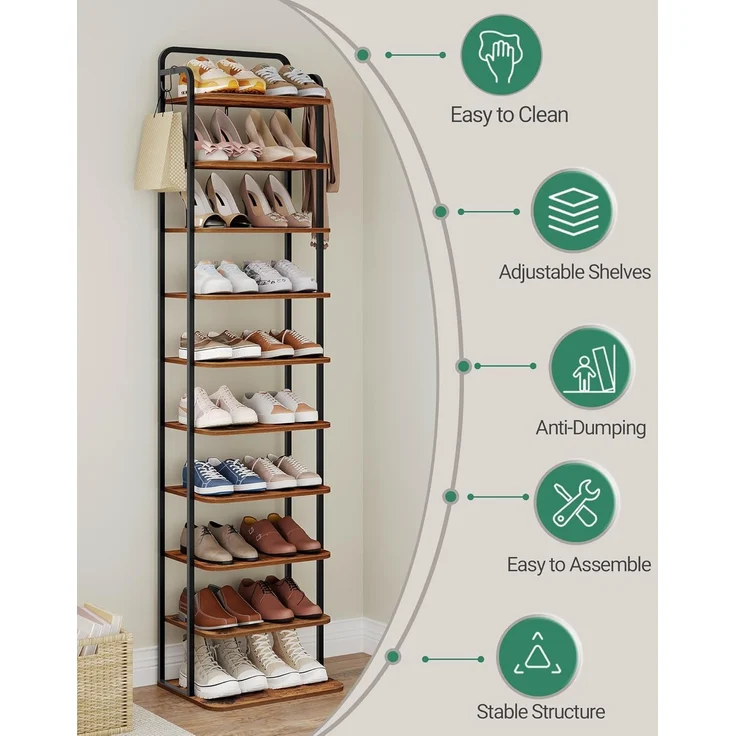 Vertikales Schuhregal, 10-Stöckige Schuhregale, Schuhturm für kleine Räume, Freistehend, Verstellbar, Platzsparend, Braun und Schwarz – Bild 4