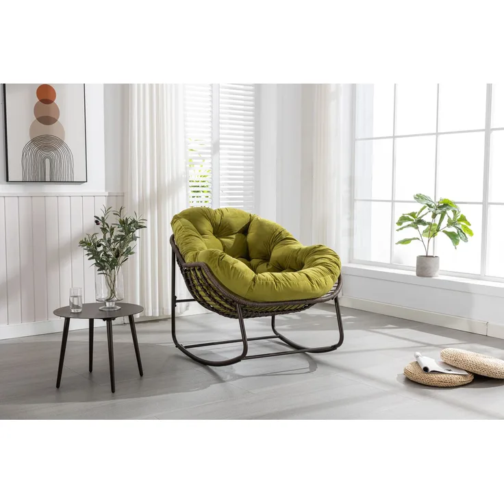 Gepolsterter Schaukelstuhl aus Rattan für den Außenbereich, ideal für Veranda, Wohnzimmer, Terrasse und Garten, Olivgrün, 93 x 73 x 23 cm, YOUDENOVA