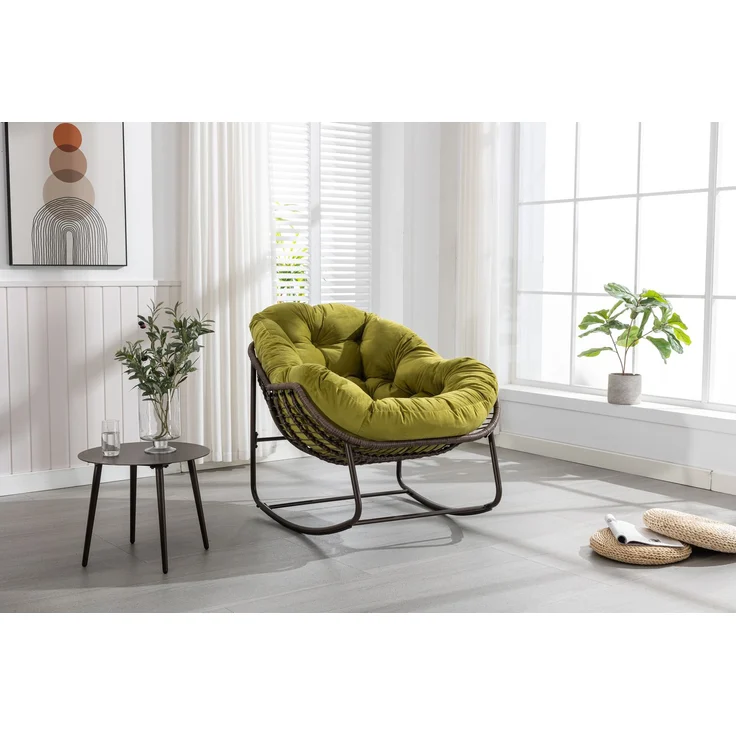 Gepolsterter Schaukelstuhl aus Rattan für den Außenbereich, ideal für Veranda, Wohnzimmer, Terrasse und Garten, Olivgrün, 93 x 73 x 23 cm, YOUDENOVA – Bild 1