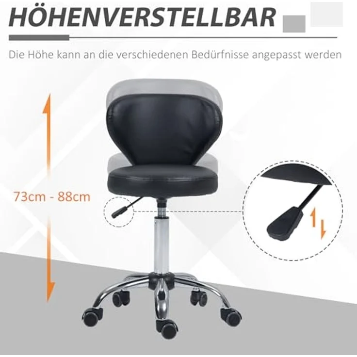 HOMCOM Rollsitz Rollhocker höhenverstellbar Salon Hocker mit Lehne (Arbeitshocker, 1 St, Drehhocker), für Büro, Wohnzimmer, Kunstleder, 45 x 54 x 73-88 cm, Schwarz – Bild 4