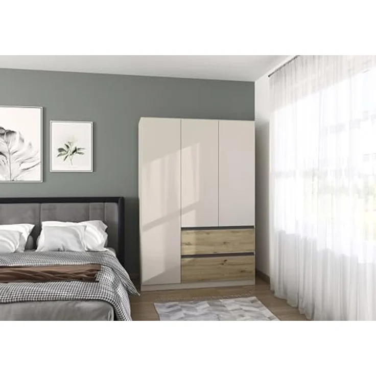 Rauch Möbel Costa, Kleiderschrank für Schlafzimmer, Kinderzimmer, Babyzimmer, Garderobe, Flur, 3-türig, 2 Schubladen, Push-to-Open, mit Zubehör Premium, Farbe Beige/Eiche Artisan, Holz, Breite 136 cm – Bild 2