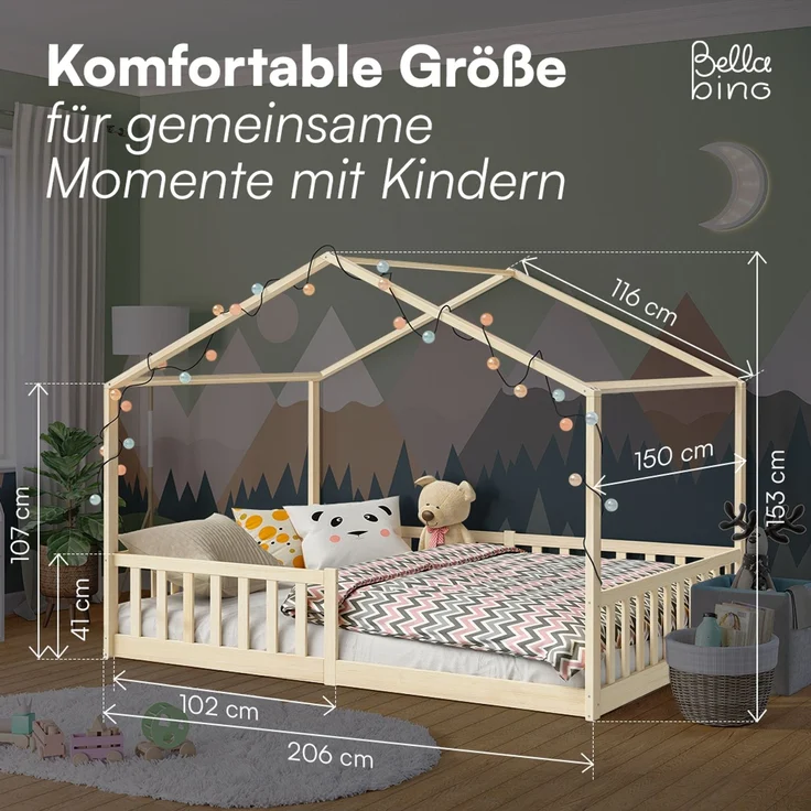 Bellabino 'Bia' Hausbett 140x200 cm, natur, Kiefer Massivholz, Bodenbett in Hausoptik, Montessori Kinderbett mit Rausfallschutz und Lattenrost – Bild 9
