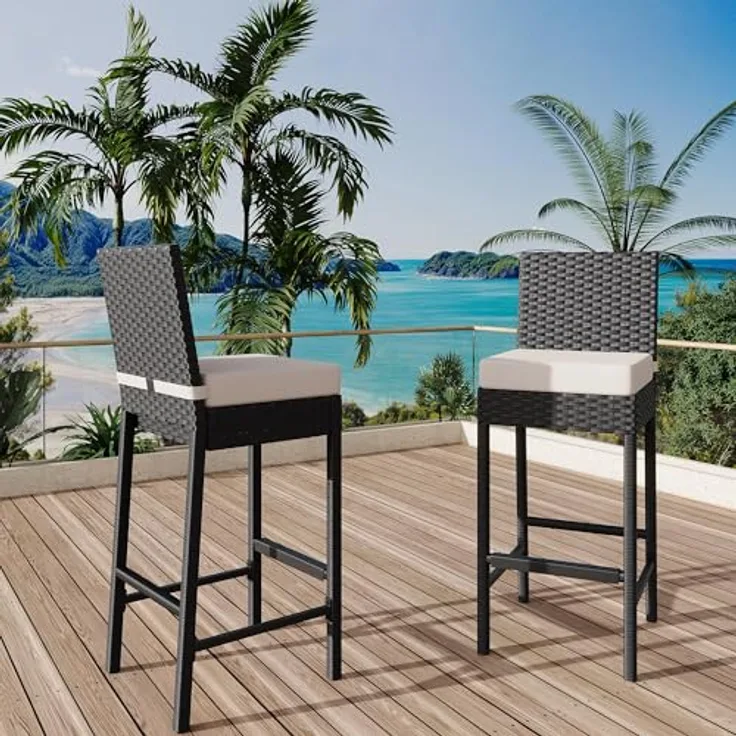 GarveeHome 2er Set Rattan-Hochstühle Mit Metallrahmen, Gepolsterte Outdoor-Barhocker Mit Rückenlehne Und Fußstütze, Wetterfester Stuhl, Für Terrasse Und Strand, 40,6 x 45 x 103,4 cm